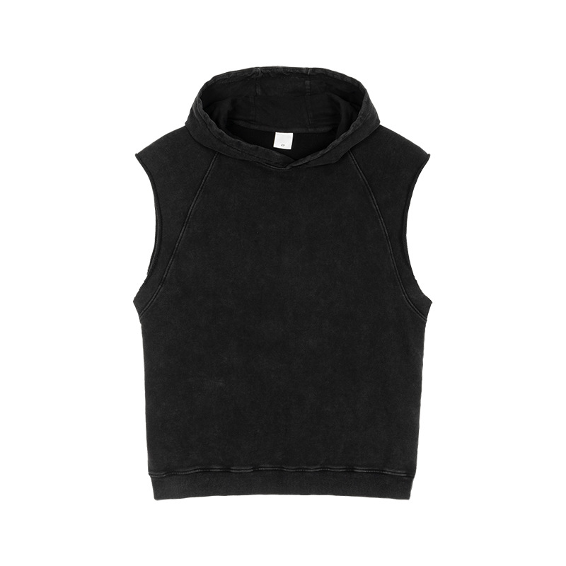 Vintage Washed Ragged Sleeveless T-shirt Casual Cotton Hooded 44 02